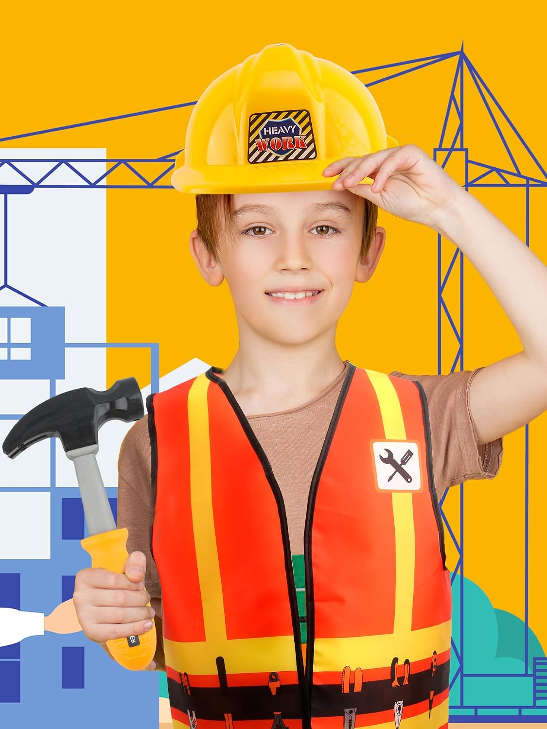 1 Set Kid Construction Worker Costume Set Child Construction Vest Hat and Goggles With Builder Tools Toys Construction Role Play for Kids Dress up Halloween Birthday Cosplay
