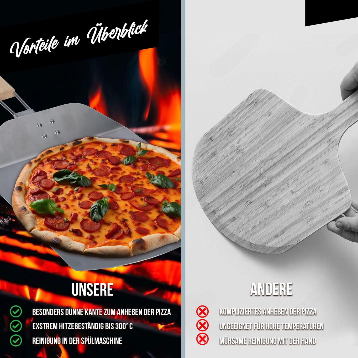 Profi Pizzaschaufel XXL, Aluminium Pizzaschieber Pizzaheber Brotback-Schieber platzsparendes Premium Modell Holz-Griff, eckiger Brotschieber Must-Have Zubehör für Pizzabäcker (Klappbarer Griff)