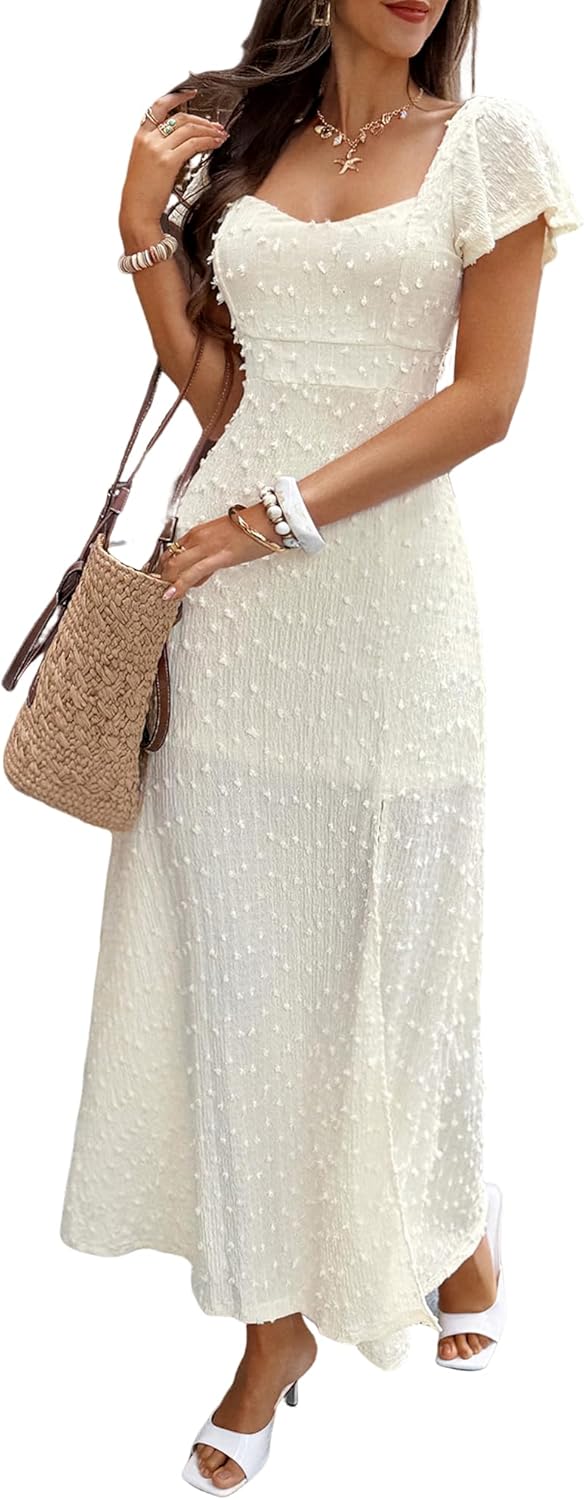 Womens Maxi Dresses Short Sleeve Back Bow Tie Swiss Dot Long Dresses for Spring Summer Holiday Party Beach Vacation