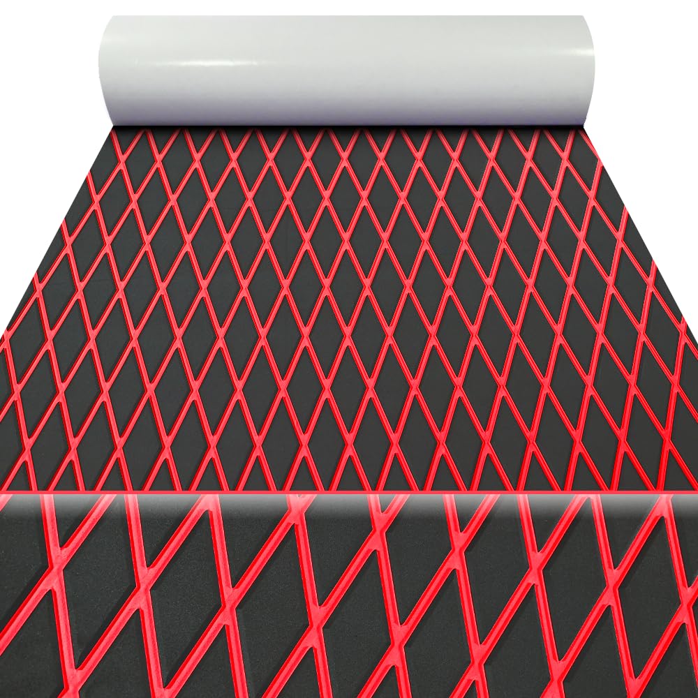 KT GuoMei 98.4"×45.2" Self-Adhesive Boat Flooring EVA Foam Boat Decking Sheet Non-Slip for Fishing Suitable for Yachts,Gardens,Kart,etc Diamond Pattern, Dark Gray and red, 98.4" X 37.7"