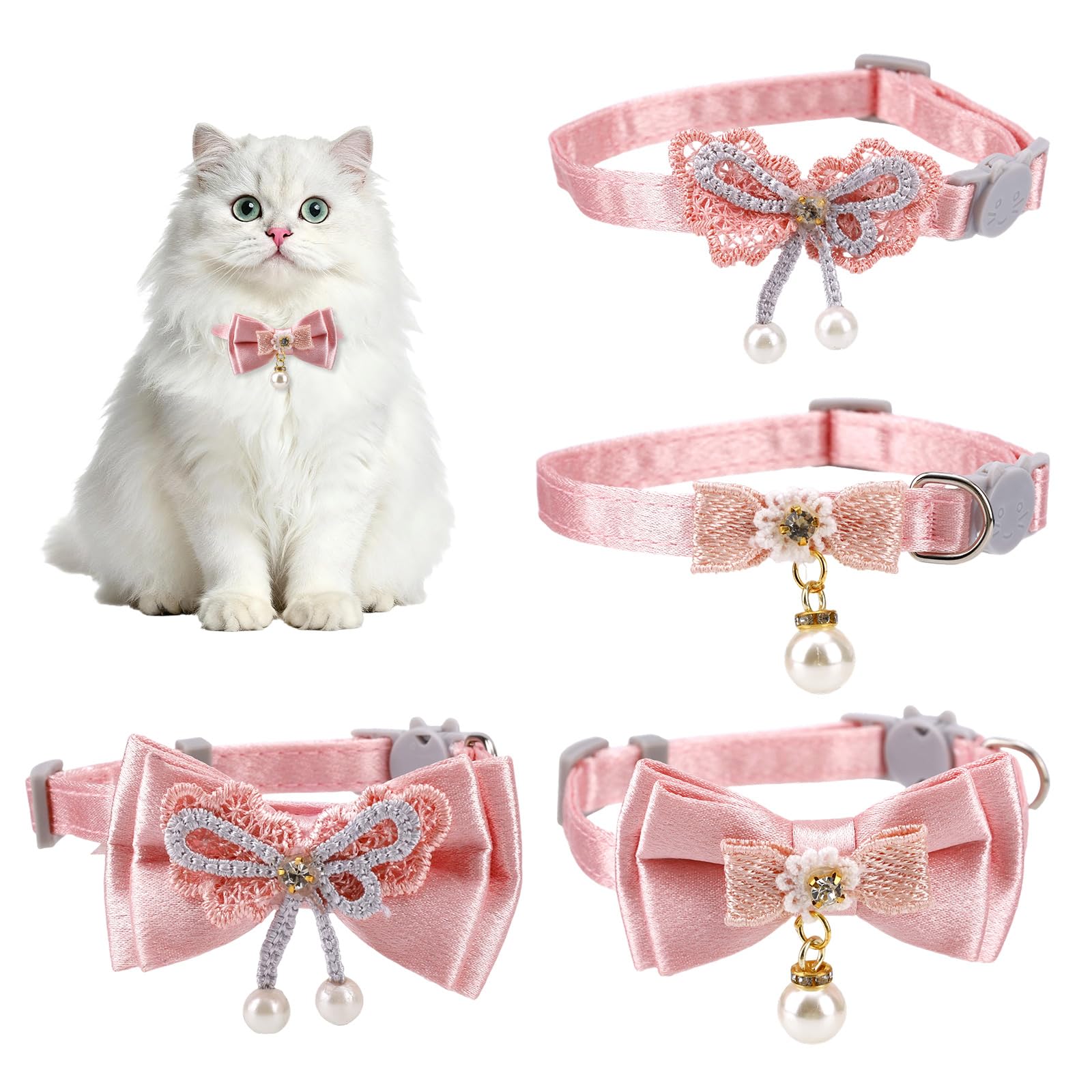 4pcs Pink Cat Collars, Adjustable Kitten Collar with Lace Bow and Pearl Pendant Cute Safety Accessories for Cats and Small Dogs