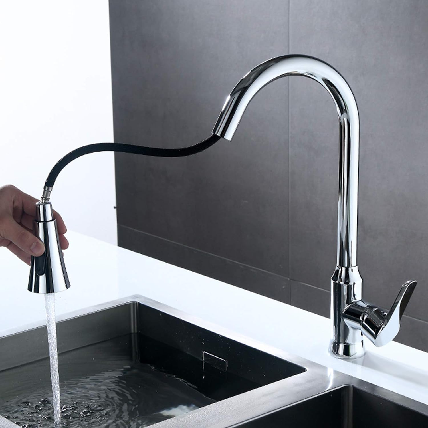 High Arc Kitchen Faucet, Single Handle Lever Hot and Cold Water Mixer Tap, Copper Alloy 360°Rotation Pull-Out Kitchen Vegetable Bowl Sink Faucet, Two-Speed Switch,D (Color : B)