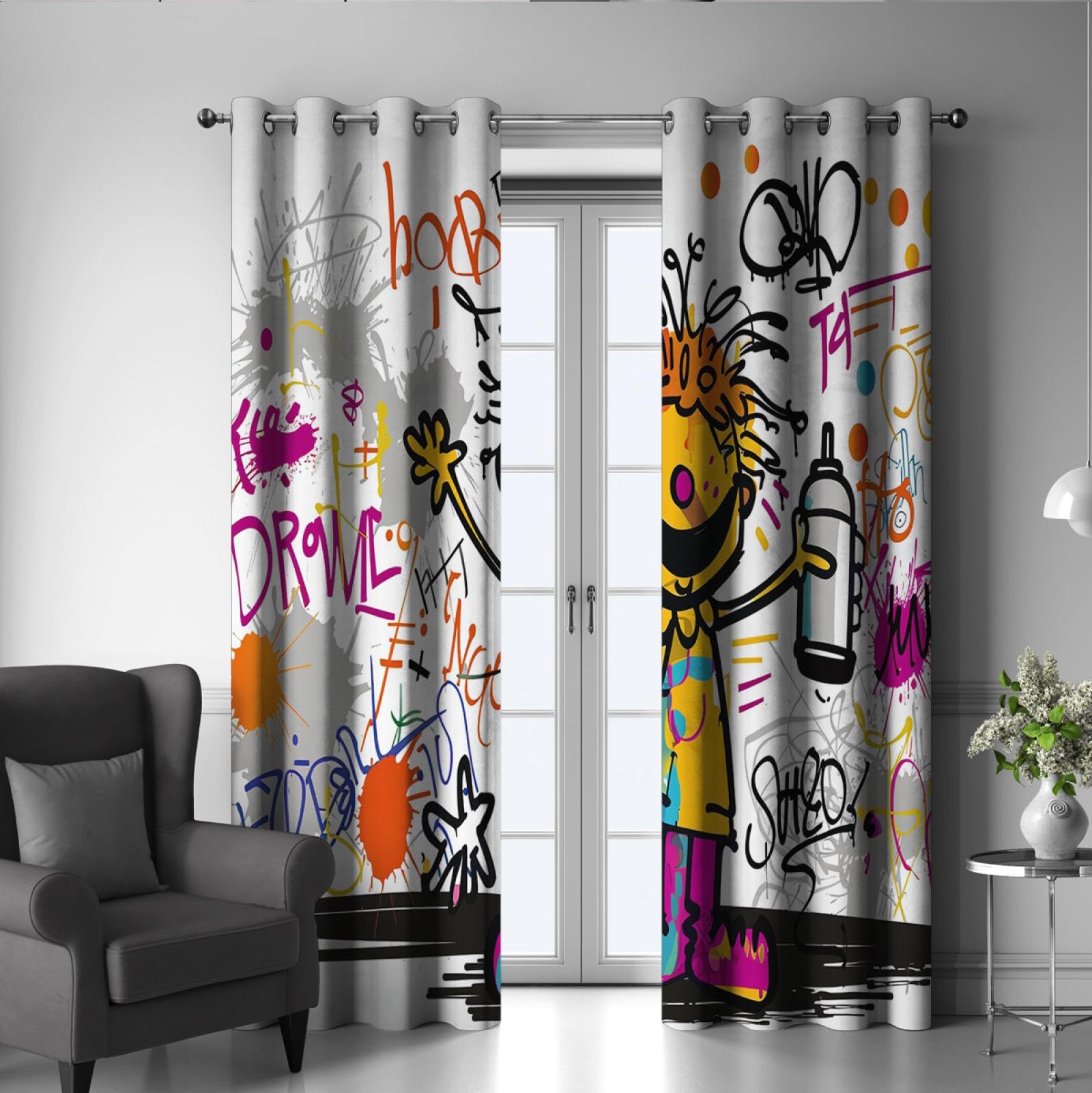 Mehrfarbige Graffiti Kurze Vorhänge für Fenster Anime Kinderzimmer Vorhänge für Glasschiebetüren Bunte Kinder Vorhänge B132xH225
