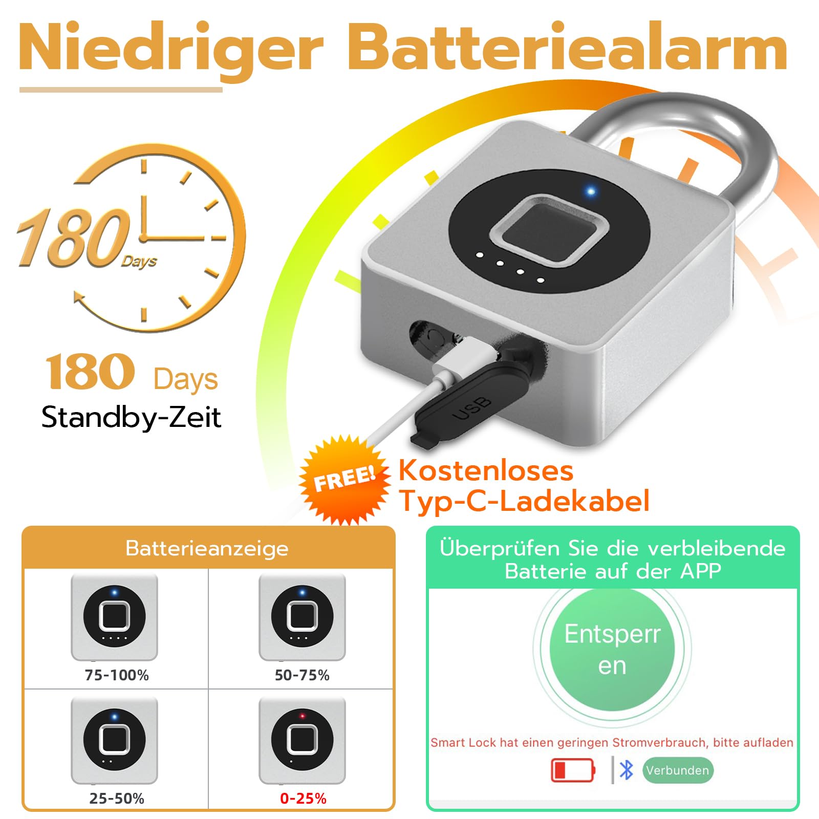 Anweller Candado de huellas dactilares, Cerradura Taquilla sin Llave, Cerradura con Huella Digital y Aplicación, Candado Resistente a la Intemperie para Taquillas, Sótano, Puerta