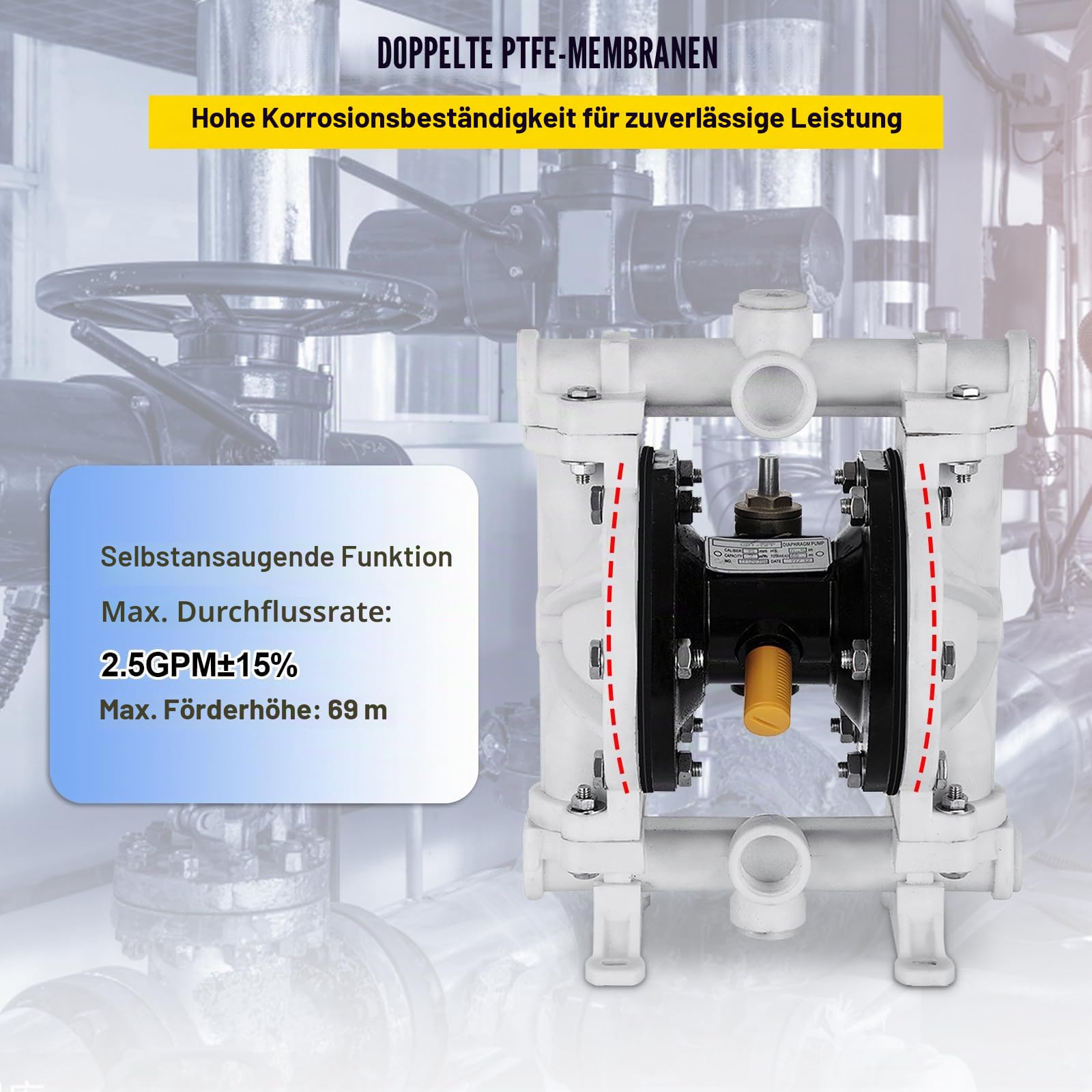 VEVOR Druckluftbetriebene Doppelmembranpumpe, 1/2 Zoll Einlass und Auslass, Polypropylen-Gehäuse, 13,2 GPM und max. 120PSI, PTFE-Membran-Pneumatikpumpe für Erdöl, Diesel, Öl