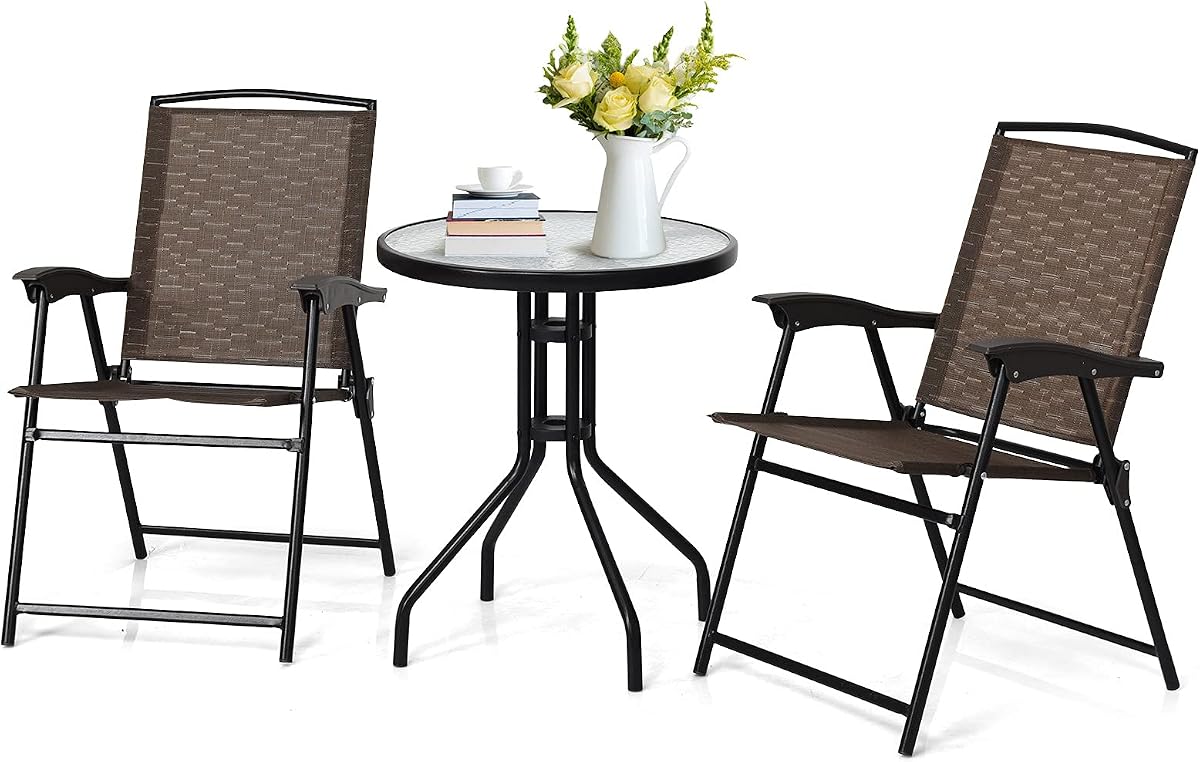 Tangkula Juego de bistró para patio de 3 piezas, juego de mesa y sillas plegables para exteriores con tablero de vidrio templado, mesa redonda y 2 sillas plegables, juego pequeño de muebles para exteriores para jardín, piscina y patio trasero
