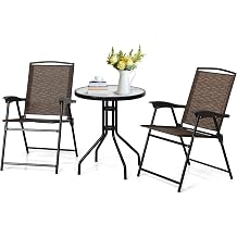 SPSUPE 3 PCS Outdoor Patio Set, Dining Furniture Set with Round Table, 2 Folding Chairs, Glass Tabletop, Ideal for Garden Pool Backyard Versatile Bistro Set