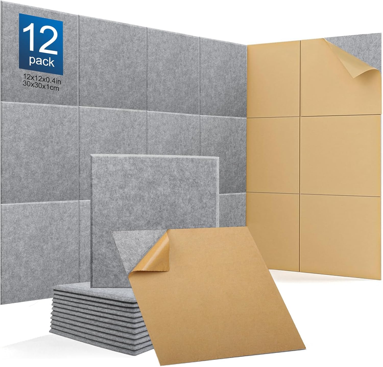 12Pack Acoustic Wall Panels Panels High Density Sound Dampening Panels 0.4" x 12" x 12" Square Acoustic Panels for Home Office Recoding Studio with self Adhesive Acoustic Panels.