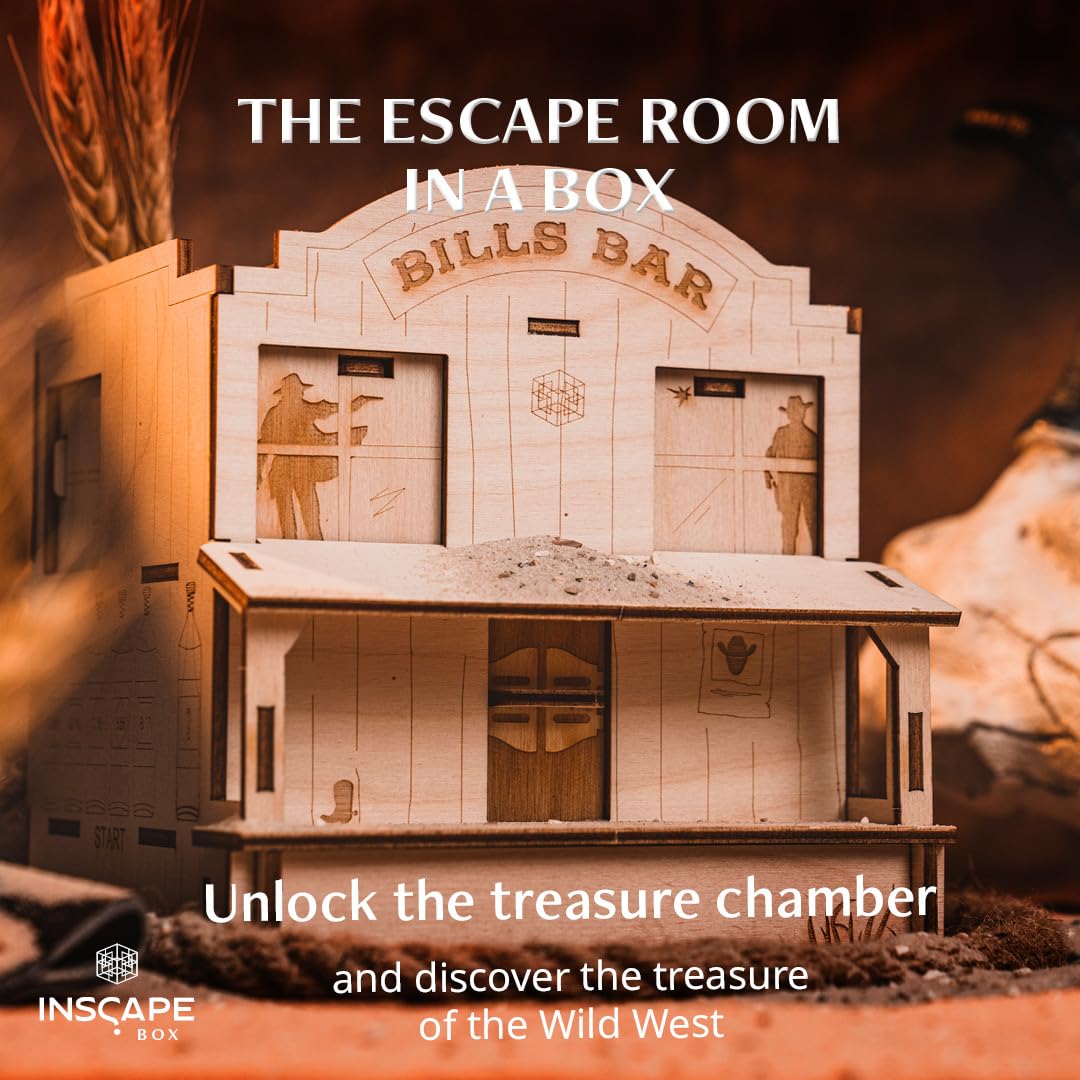 INSCAPE Wild West Riddles Cluebox Puzzle Box per adulti Escape Room in legno | Gioco rompicapo in legno a tema occidentale, scomparti nascosti, sblocco passo dopo passo, idea regalo per uomini e donne