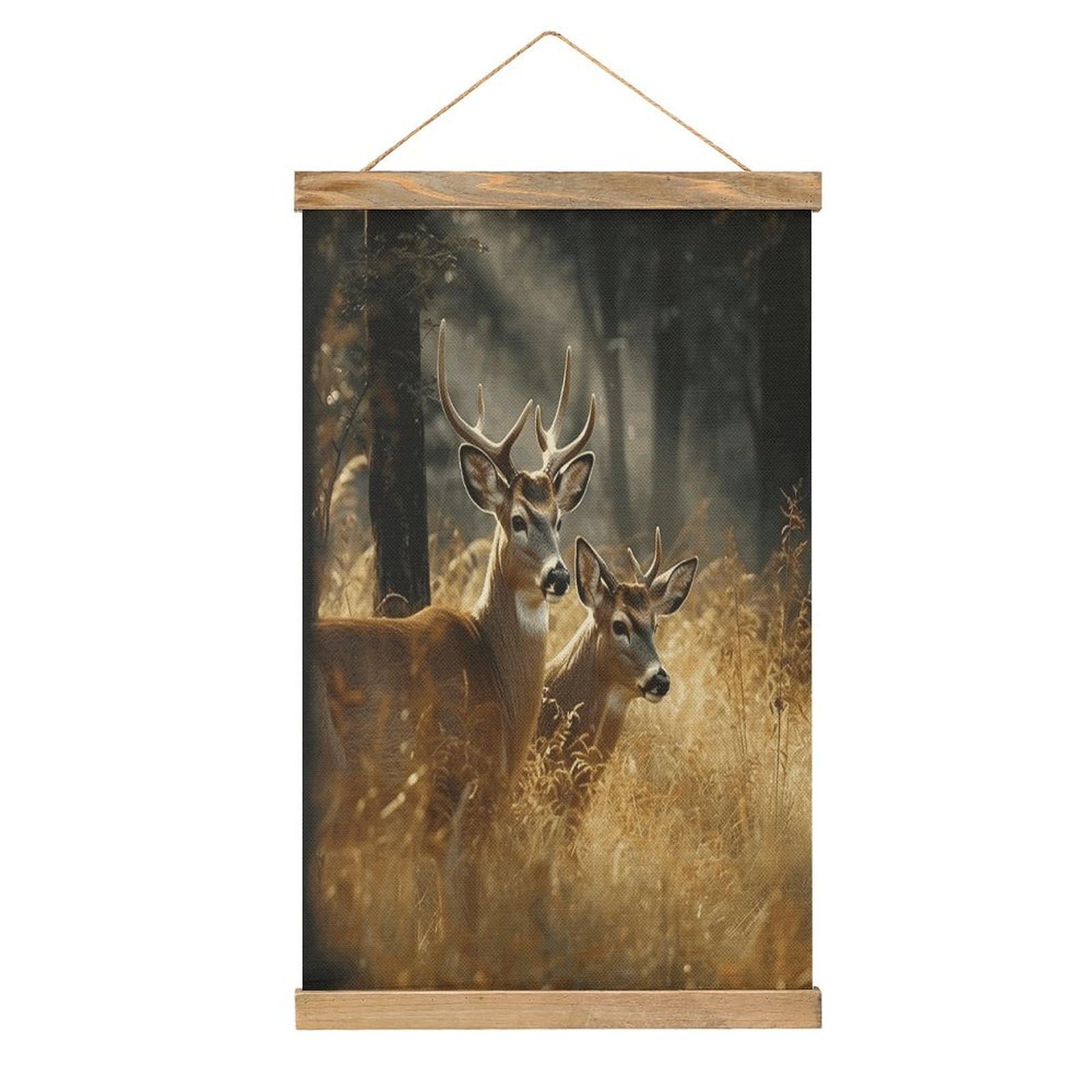 VstaDank Nature Wild Animal Deers Hanging Poster with Wooden Frame Modern Linen Hanging Painting Retro Style Wall Decor Art Painting for Living Room,Bedroom Decor Poster Frame 20.4x13.1inch