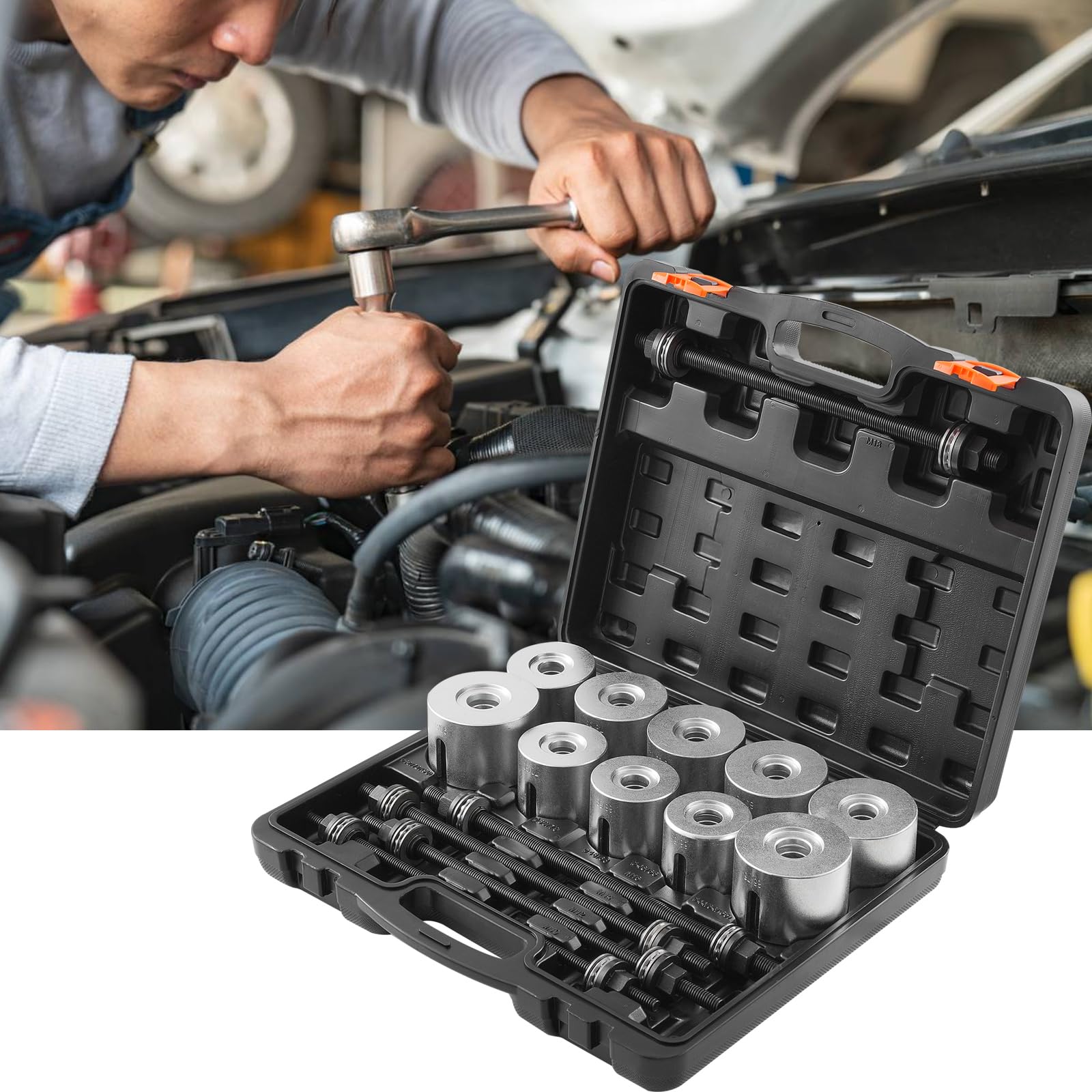 VEVOR Kit Manicotto di Trazione e Pressione da 27 Pezzi, Set di Rimozione e Installazione Cuscinetti a Boccola in Acciaio, con Custodia per Il Trasporto, Compatibilità Multi-Veicolo per Motori