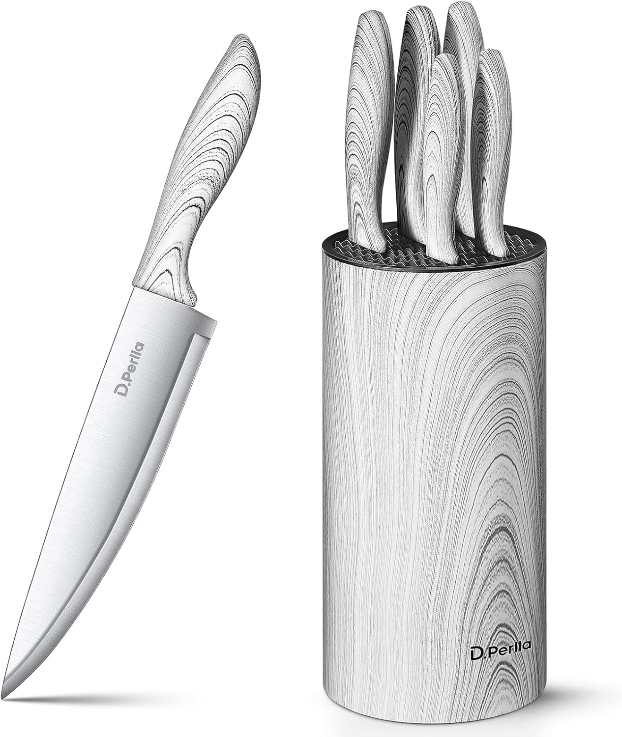 D.Perlla Messerset, 6-tlg Scharf Edelstahl Messerblock mit Messer, Abnehmbar für einfache Reinigung, Plastik Messeraufbewahrung, Für alle Küchenmesserset. Weiß