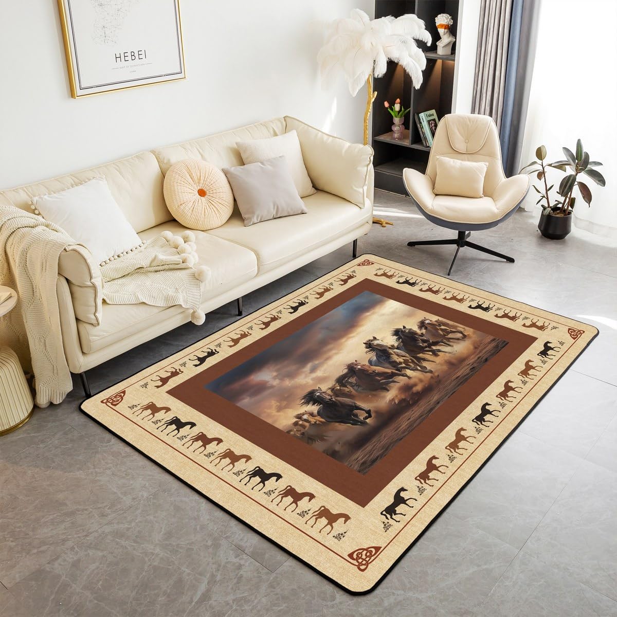 Feelyou Horse Area Rug 3x5 Galloping Horse Decorative Carpet for Boys Kids Teens Western Decor Cute Animal Living Room Rugs Kawaii Farm Cowboy Brown