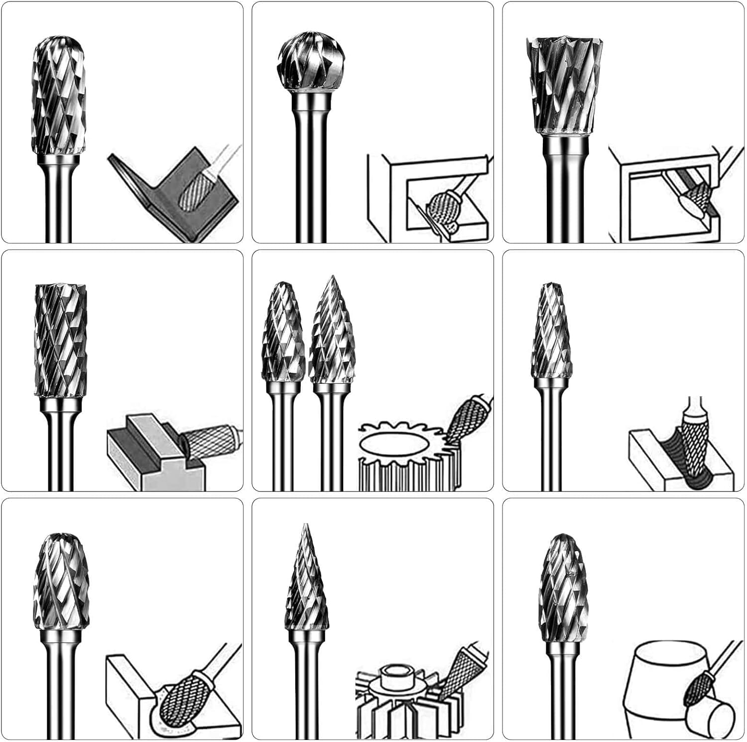UPTODATETOOLS Carbide Burr Set, Die Grinder Bits, 20 Pcs 1/8" Shank Double Cut Tungsten Carbide Rotary Burrs Set - Image 4 thumbnail