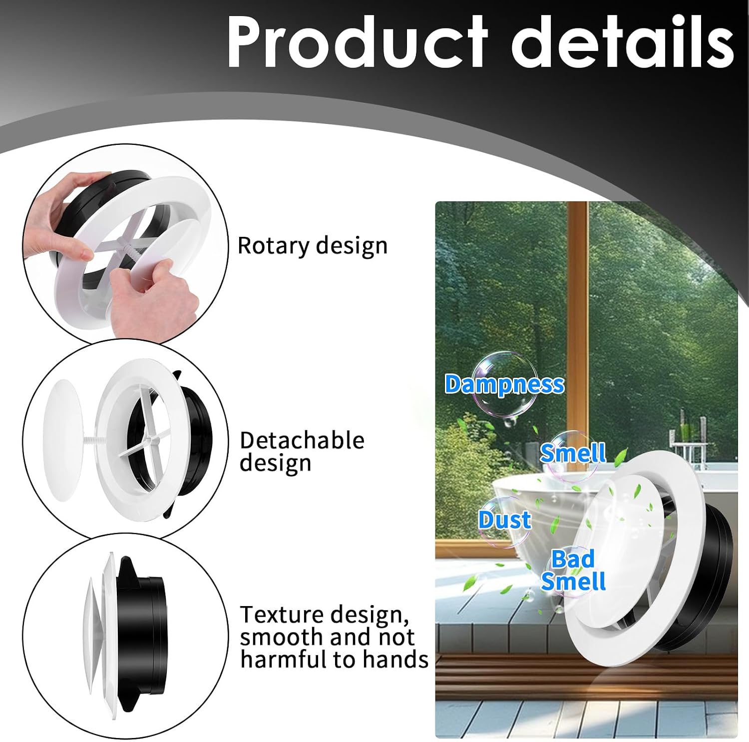 Kifmurase 4Pcs 6 Inch Soffit Vent, Adjustable Air Vent Cover, ABS Round Ceiling Vents, White Round Ceiling Diffuser for Living Room, Attic, Bathroom, Kitchen, Ventilation Use