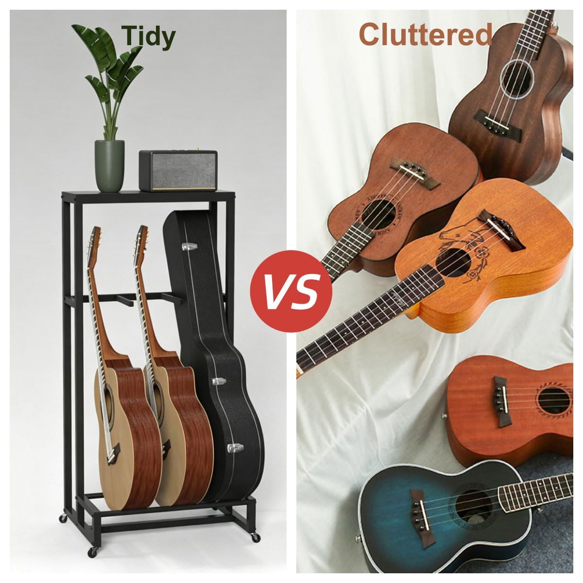 Supporto mobile in metallo per chitarre e accessori per amplificatori | Ospita 3 strumenti a corda, con ripiano superiore, ideale per studi musicali domestici