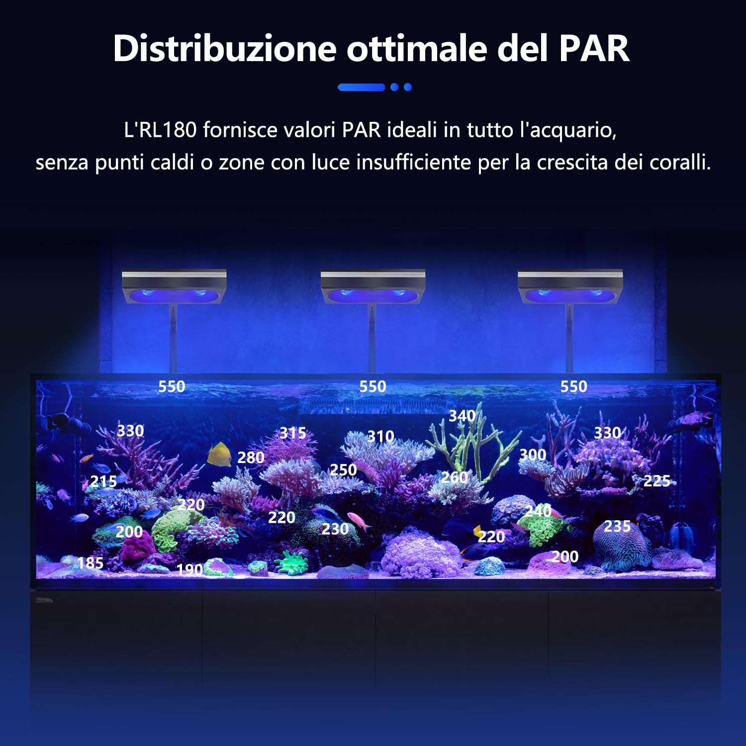 PopBloom RL180 Luce LED per acquari con supporto, illuminazione per acquari a spettro completo con controllo tramite app, ciclo di illuminazione per acquario da 180W, per acquario marini da 60 cm