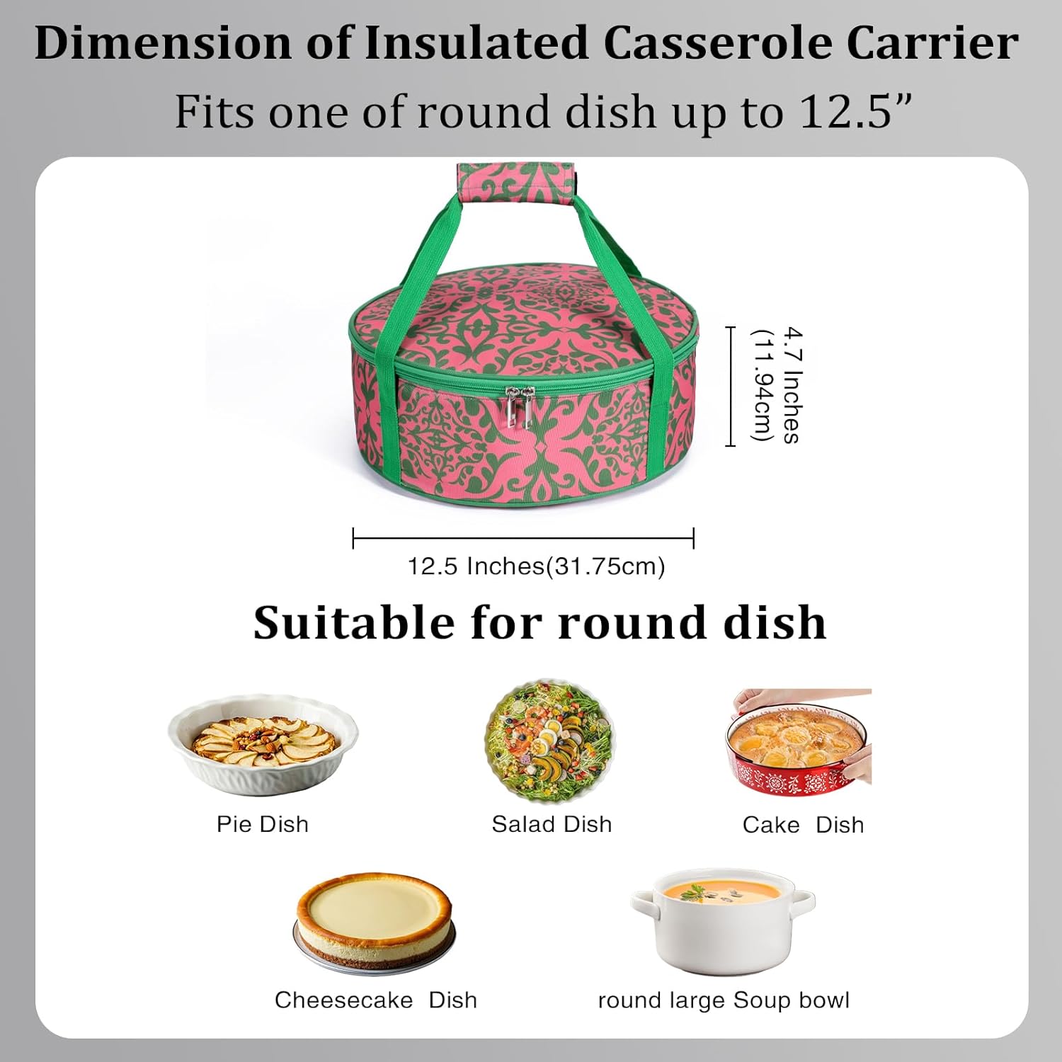 Lestyn Round Portable Insulated Thermal Dish Carrier Bag for Pie and Cake Transport to Keep Food Hot/Cold/Fresh for Lunch, Potlucks Parties Gathering,Cookouts,Church Dinner,Outdoor Events-Pink - Image 2
