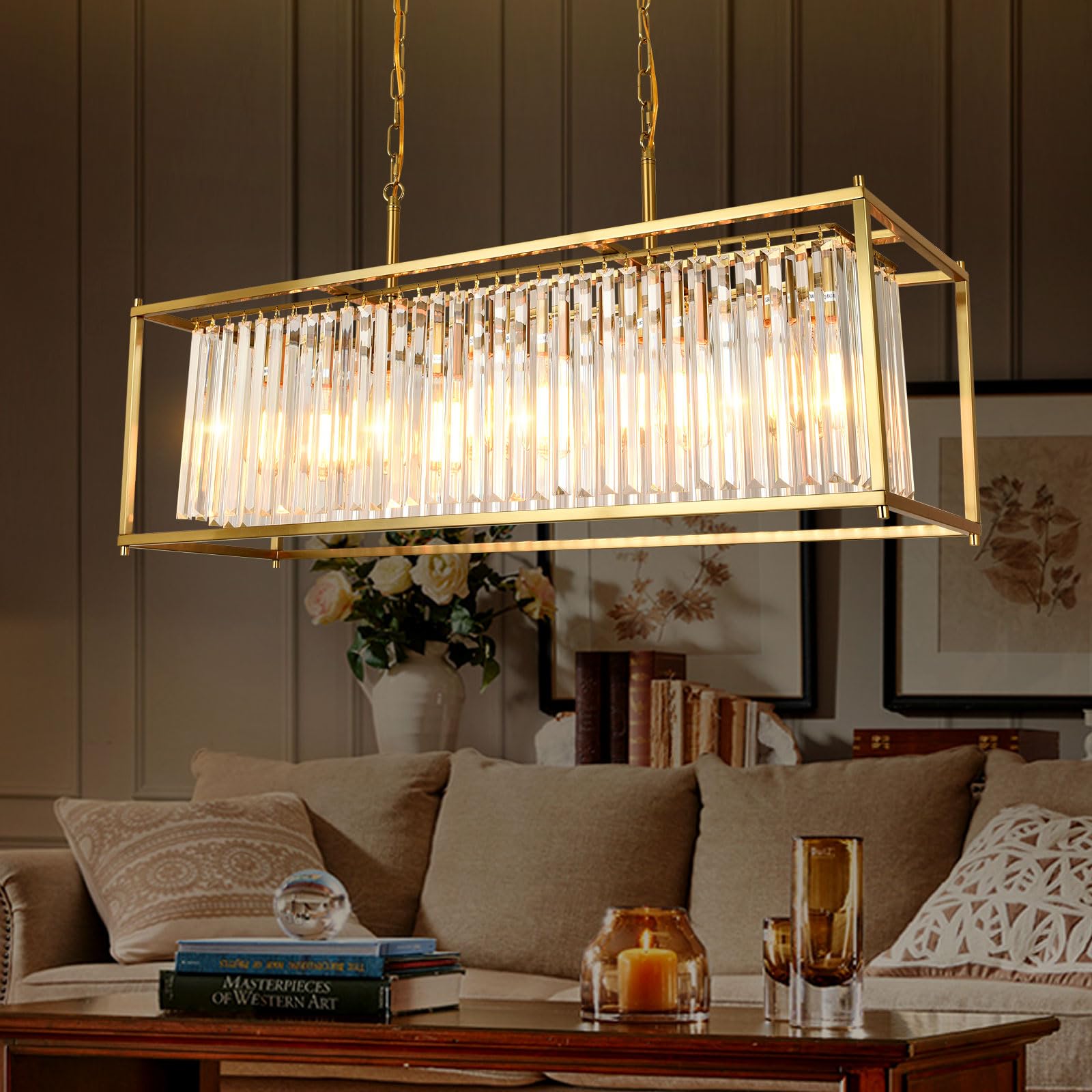 Fitsai Modern Gold Crystal Chandelier Light, Gold Pendant Light, Rectangle Chandelier 5-Light Hanging Light Fixtures, Ceiling Light Fixtures for Dining Room Living Room Bedroom Variable Light