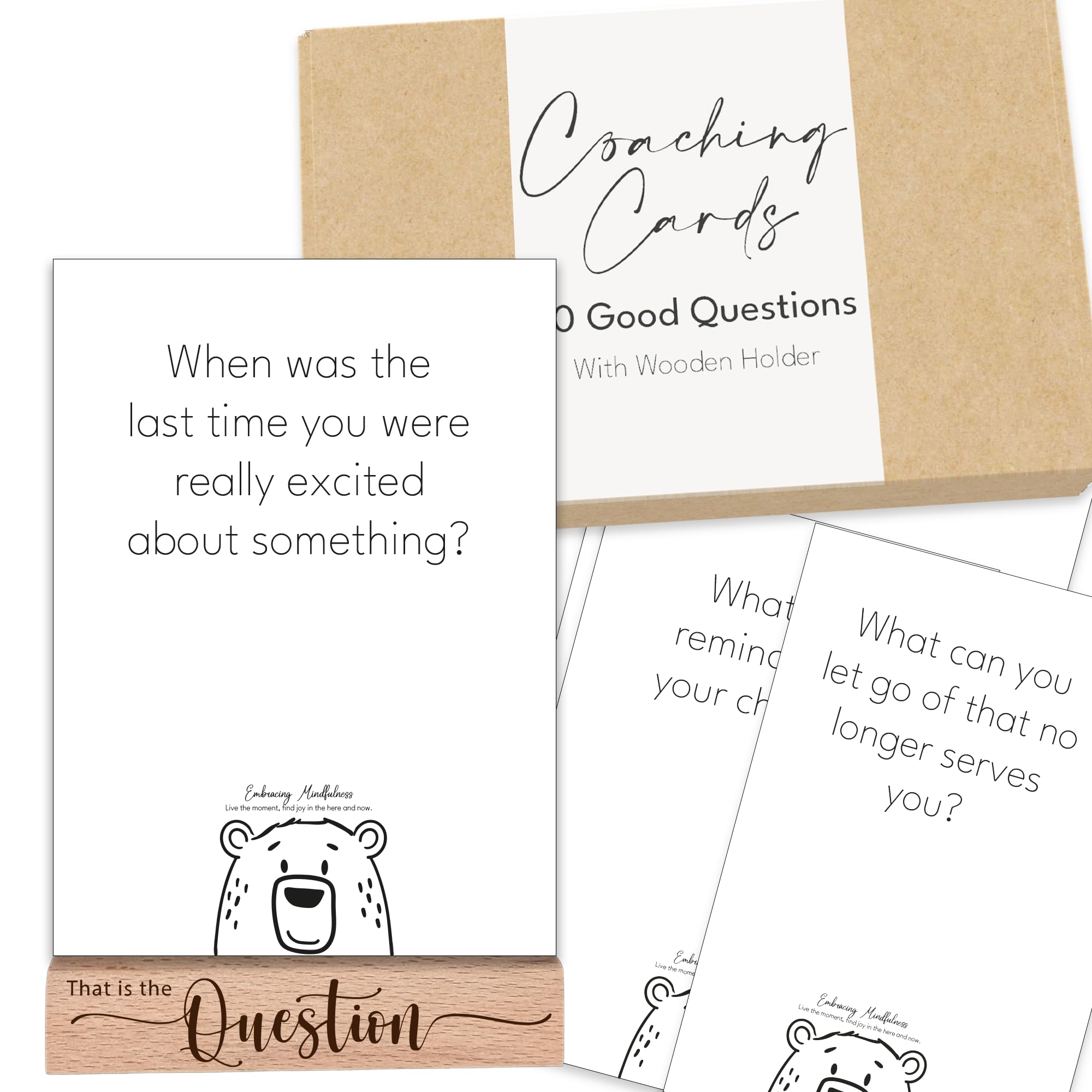 Mindfulness Question Cards  80 Coaching and Reflection Prompts with Wooden Holder for Groups Therapy and Self Awareness