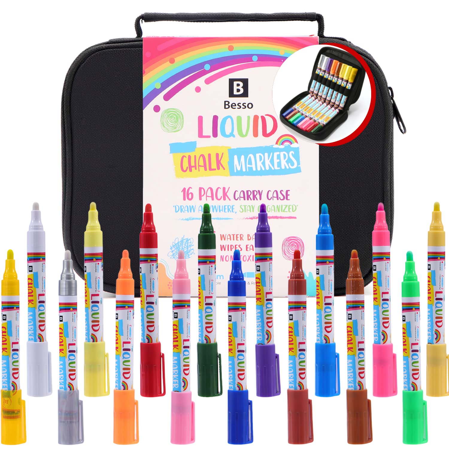 Besso16 Chalk Markers with Case | Vibrant Liquid Chalkmarkers | Reversible Tips, Easy to Clean & Erase | Eraseable Chalkboard Pens for Chalkboard