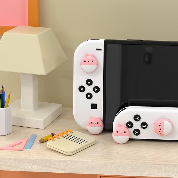 eXtremeRate PlayVital Capuchon Joystick pour Switch/OLED Joycon Cover de Stick,Thumb Grip Caps pour Nintendo Switch Lite,Prise de Pouce-Rouge Pâle,Lapin&Écureuil - 3