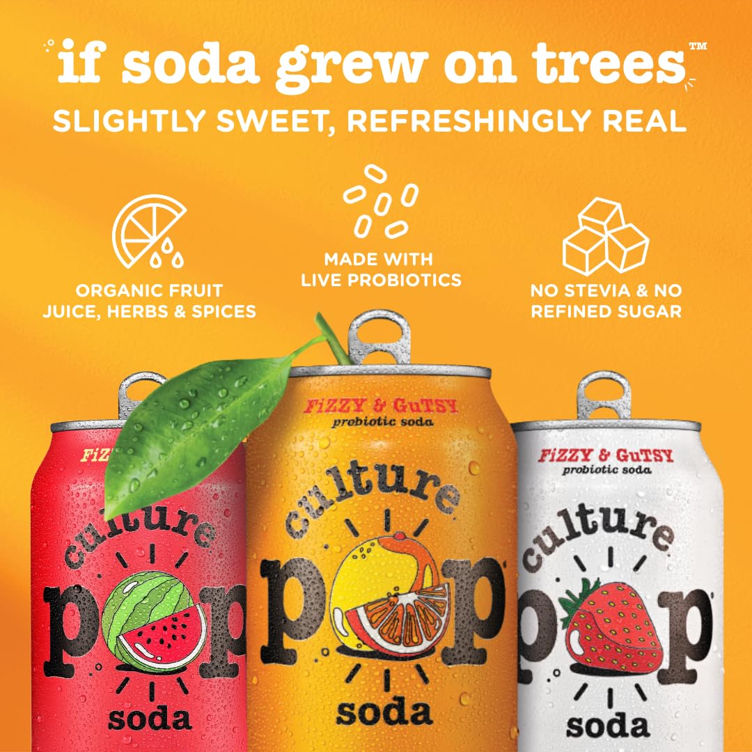 Culture Pop Soda, Orange Mango & Lime, Probiotic Low Sugar Soda, Sparkling Juice Alternative, Non-GMO, Kosher, Gluten-Free, No Stevia (Multipack, 12ct, 144 fl oz)