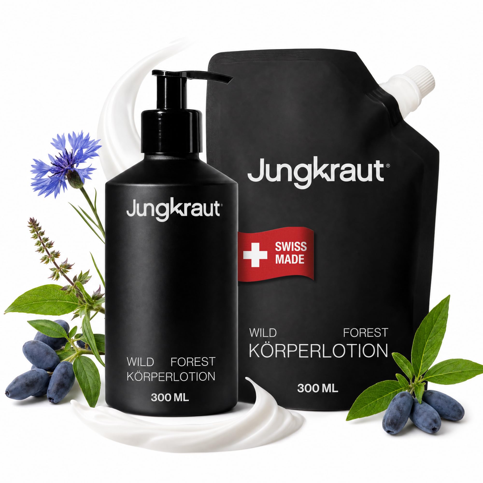 Wild Forest Body Lotion Set Männer 300ml Aluflasche + 300ml Refill, natürliche Körperlotion, ultraleicht, nicht klebend, Swiss Made, vegan