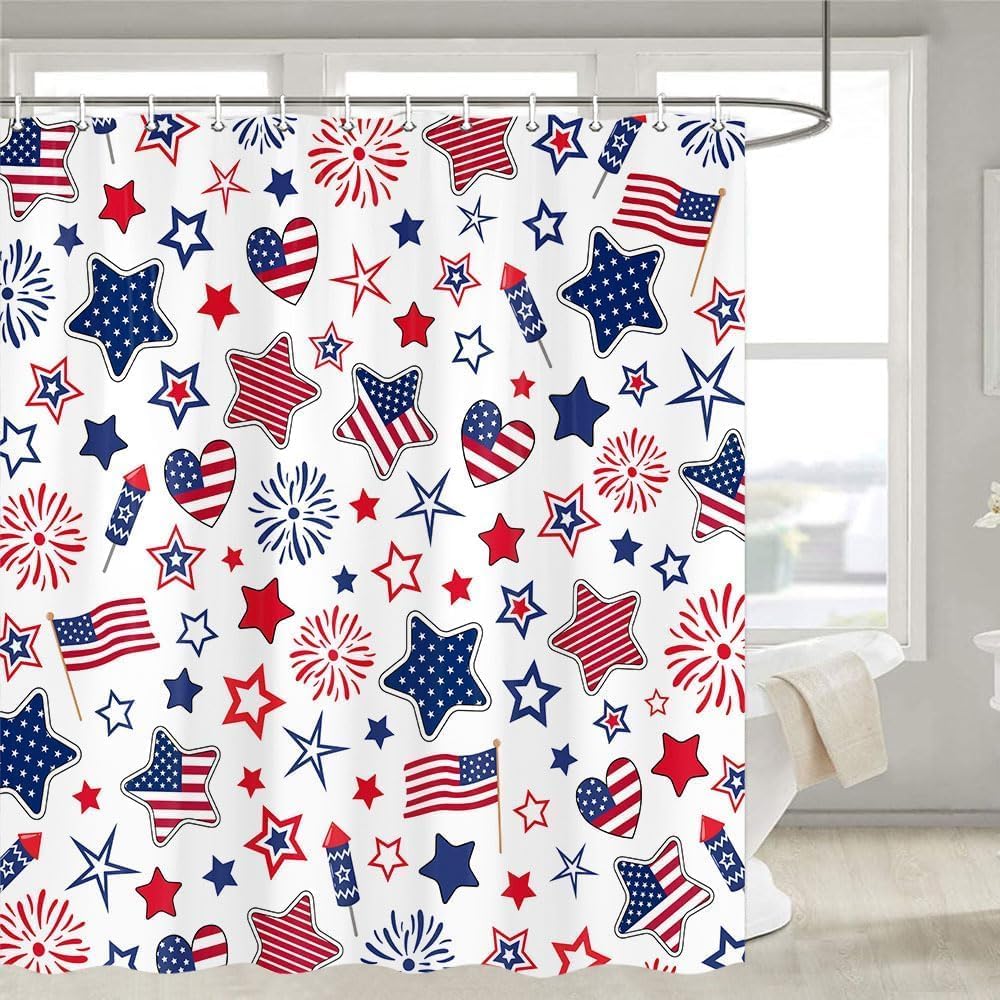 4th of July USA Flag Shower Curtain, Veterans Day Independence Patriotic Day Shower Curtain Set, Blue Red Stars Waterproof Fabric Shower Curtain for Bathroom Decorations with 12pcs Hooks 70X84IN