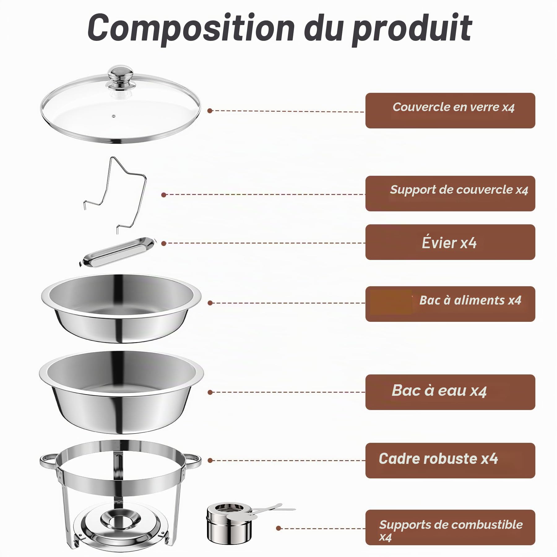 NArra Lot de 4 Plats à réchaud pour Buffet, 7.5 L Couvercle Rond en Verre, en Acier Inoxydable, Cadre épais avec couvercles en Miroir, Chauffe-Plats pour fêtes, Mariages, Pique-niques