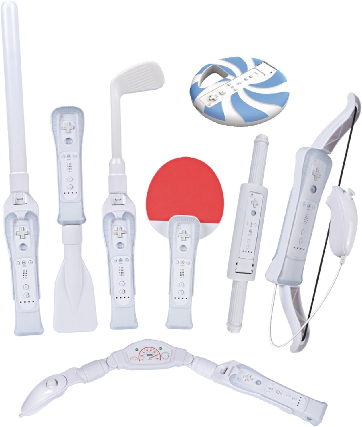 Wii Sports Resort Remote Controller Bundle, Jet ski, Ping paddle, Frisbee, Bow, Row boat, Wakeboard, Golf club, & Sword attachments, 8 in 1 Pack