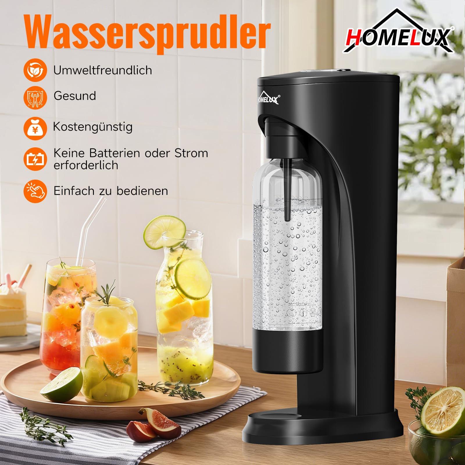 HOMELUX Saturator do wody gazowanej, z butelką PET bez BPA, urządzenie do sody gazowanej, węglan, do saturowania wody z kranu, czarny