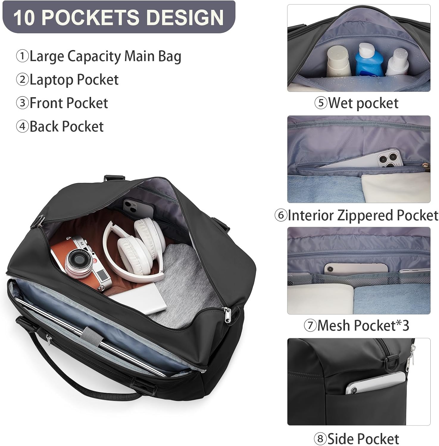 Weekender Bags for Women, Travel Duffle Bag with Laptop Pocket, Carry on Overnight Bag with Wet Pocket and Separate Toiletry Bag,Black - Image 4