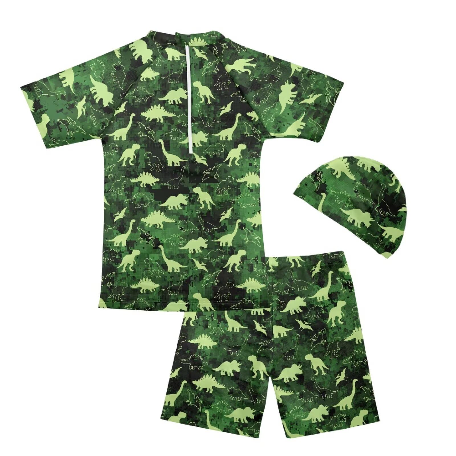 Yruonazao Green Dinosaur Swimming Suit for Boys Rash Guard Swim Set 3 Piece Zip Rashguard Swim Shirt and Bathing Suit Trunk Swim Cap 12T Summer Infant Beach Swimwear Surfing Holiday Pool Party