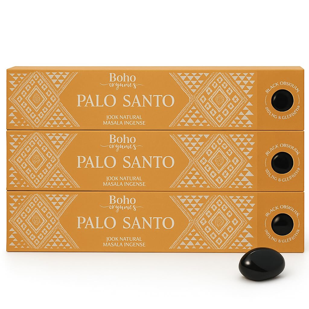 Boho Organics Palo Santo Incense Sticks 3 Pack Set with Black Obsidian Tumble Stone and JRose Burner | Natural Masala Aromatherapy Incense for Purification, Relaxation and Meditation