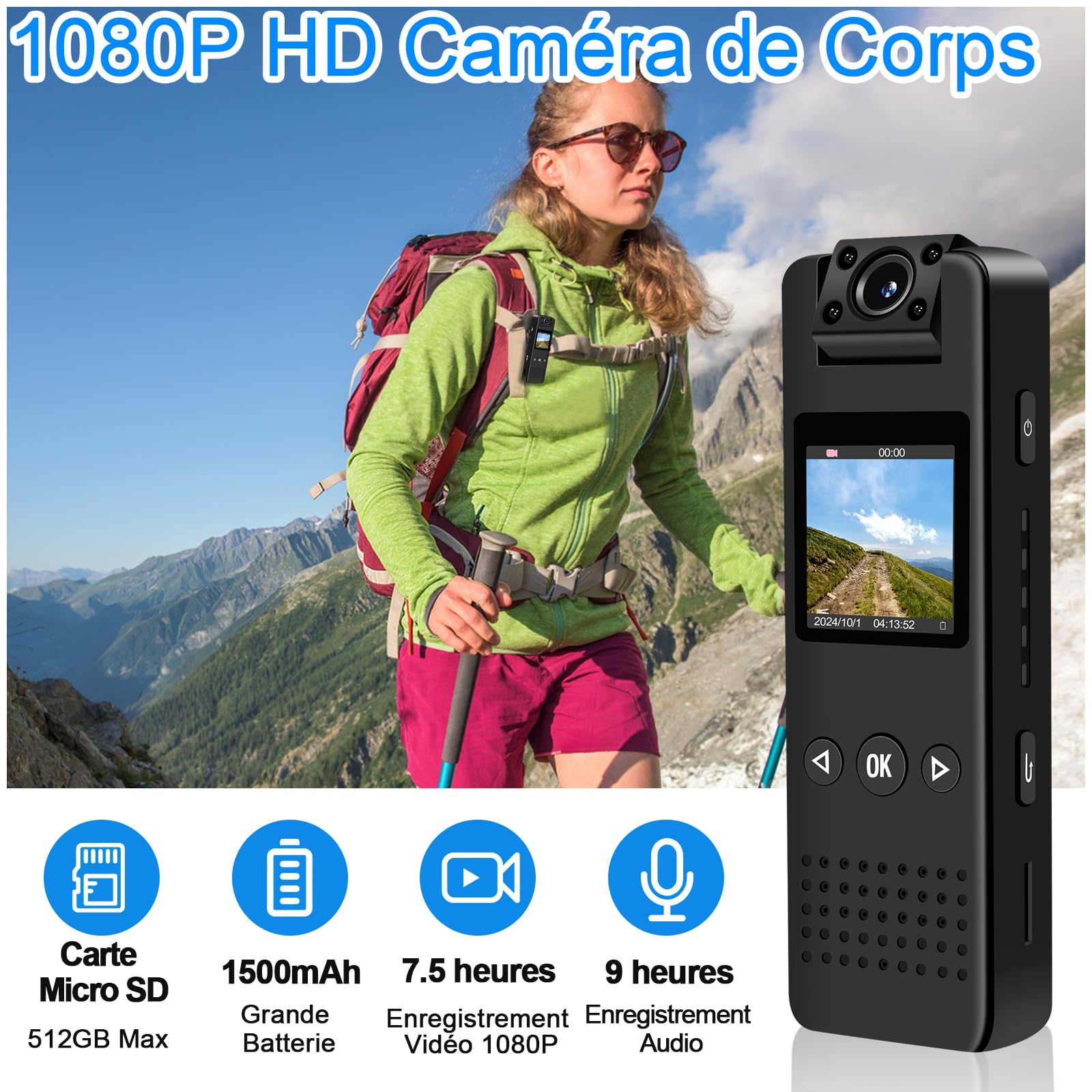 Mini Camera, 1080P HD & 120° Grand Angle Camera Pieton avec Objectif Rotatif 180°, Vision Nocturne Automatique & Détection de Mouvement Body Cam avec Enregistrement Vidéo et Audio