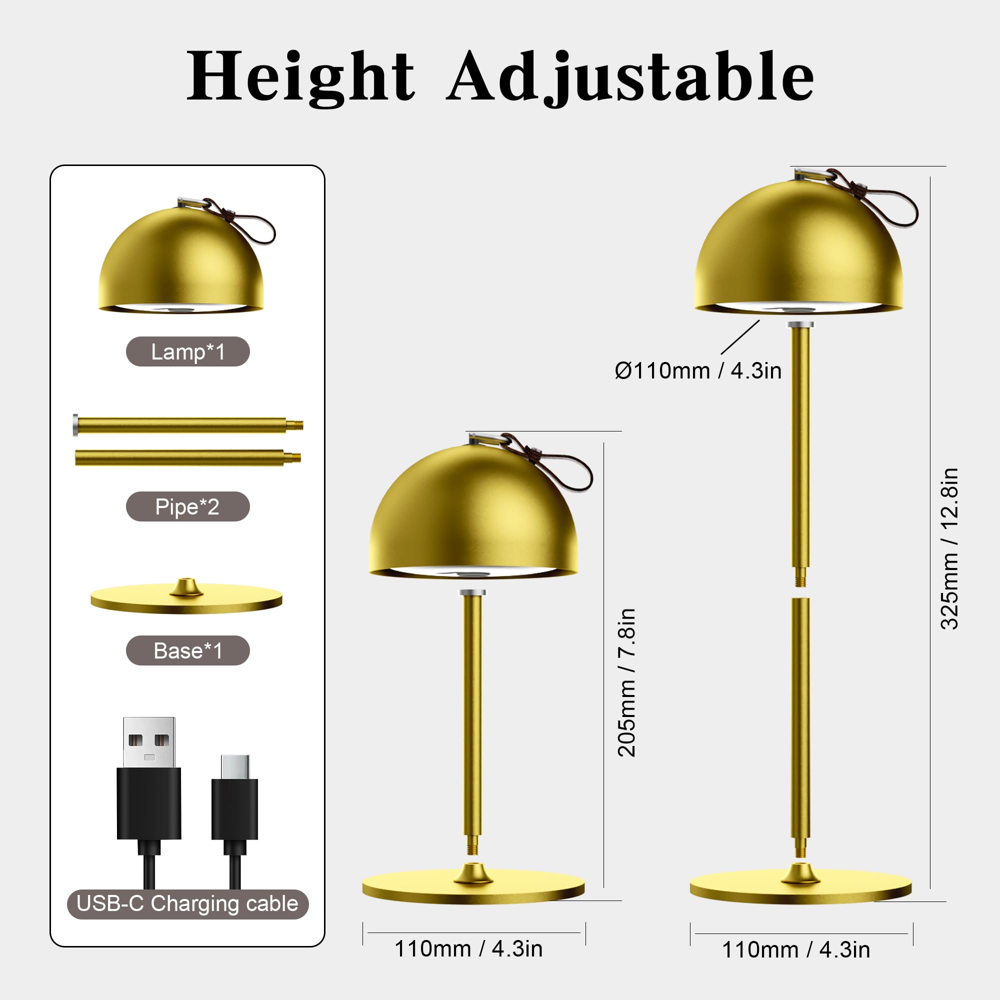 DEELUX Rechargeable Wireless Table Lamp, Adjustable Height Metal Table Lamp with USB-C - Image 4