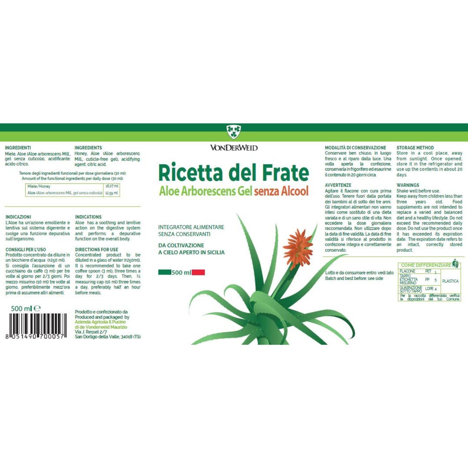 Vonderweid - Ricetta di Padre Zago Senza Alcool, Integratore Alimentare ImmunoStimolante con Aloe Arborescens e Miele, Made in Italy, 500 ML