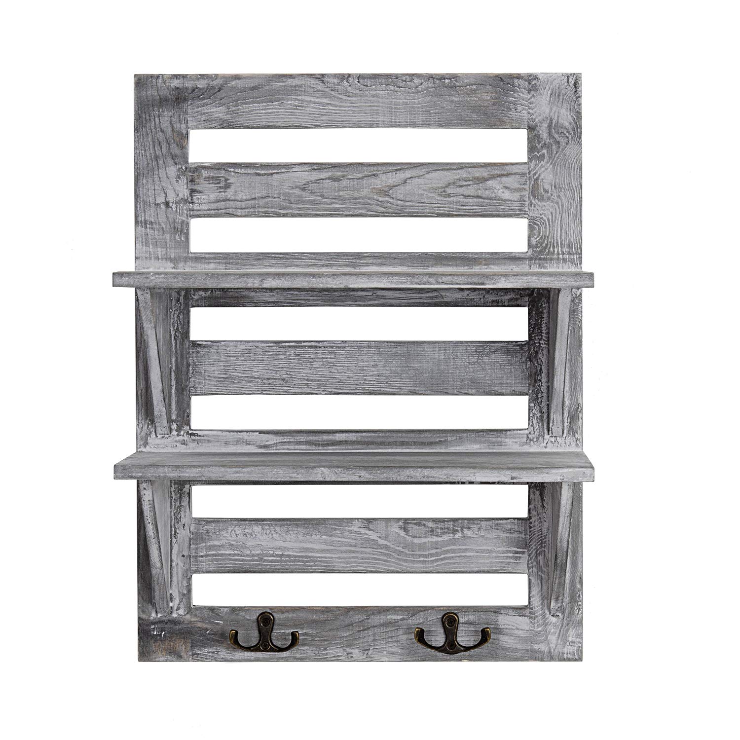 VERGOODR Rustic Wooden Wall Mounted Organizer Shelves with 2 Hooks, 2-Tier Storage Rack, Decorative Wall Shelf Organizer,Kitchen,Bathroom,livingroom Farmhouse Rustic Décor,Grey (Grayish White)