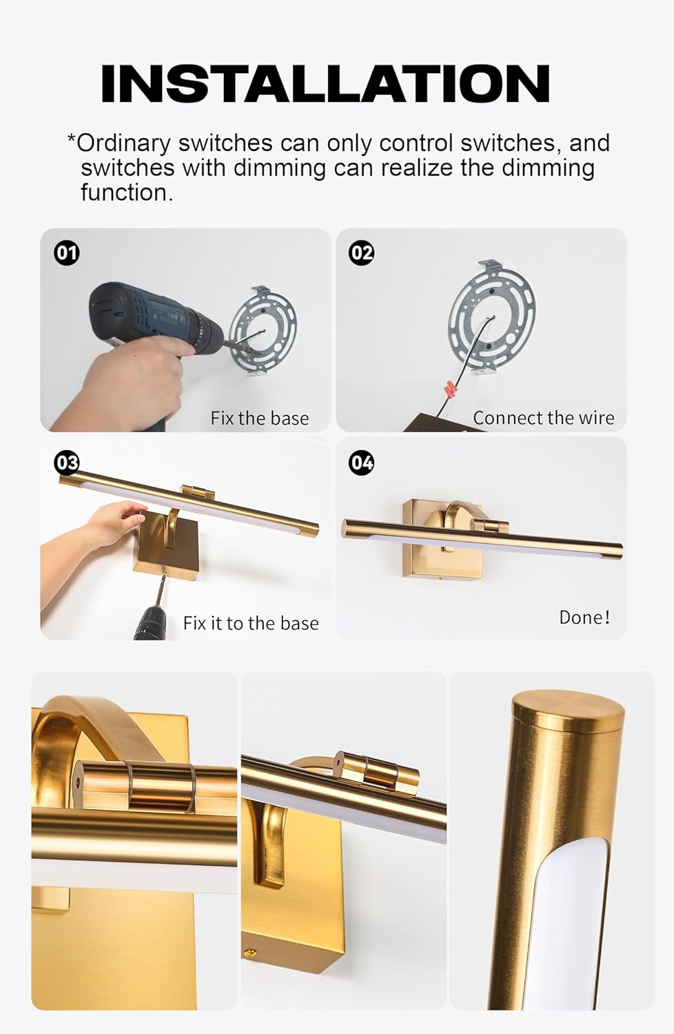 Picture Light for Wall 15.7 inch Hardwired Art Lighting for Paintings Gold Brass 2800K Dimmable Gallery Light with Rotatable Light Tube