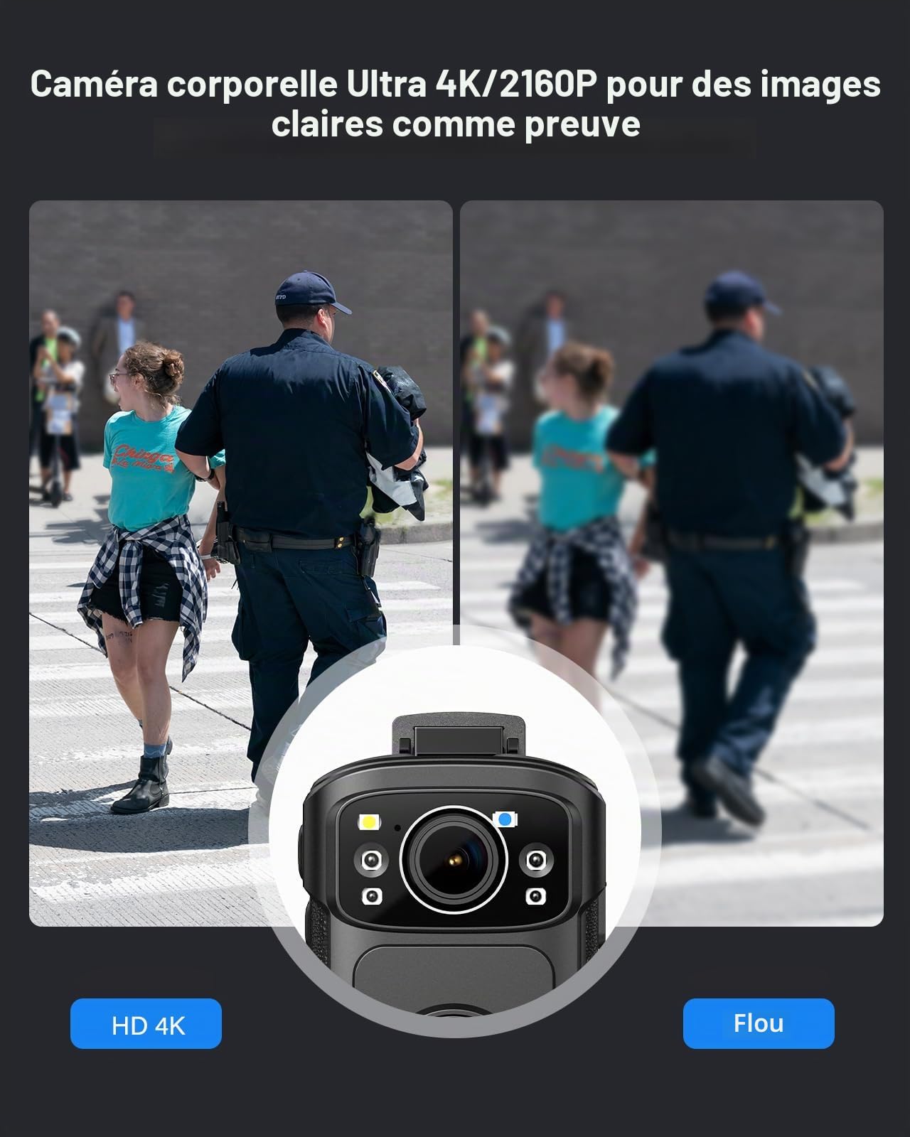 BOBLOV Caméra Corporelle B4K5 4K, avec Batterie de 3 400 mAh pour 11 Heures d'enregistrement vidéo, Bodycam 128 Go avec Infrarouge, Station de Charge, pour la Marche, Les Forces de l'ordre