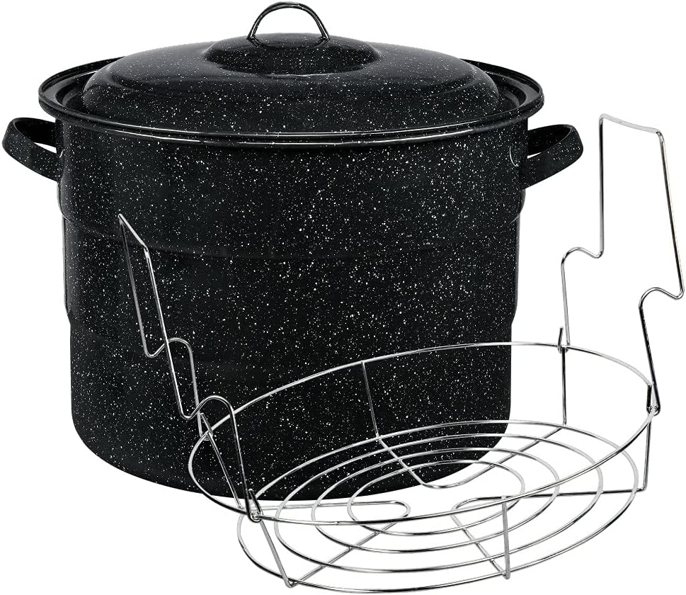 Granite Ware Canning Pot with Rack & Lid - 21 Quart Large Boiling Water Canning Set for Jar Sterilization & Pickling on Stove/Open Flame – Scratch-Resistant Porcelain Enamel & Steel Core (Black)