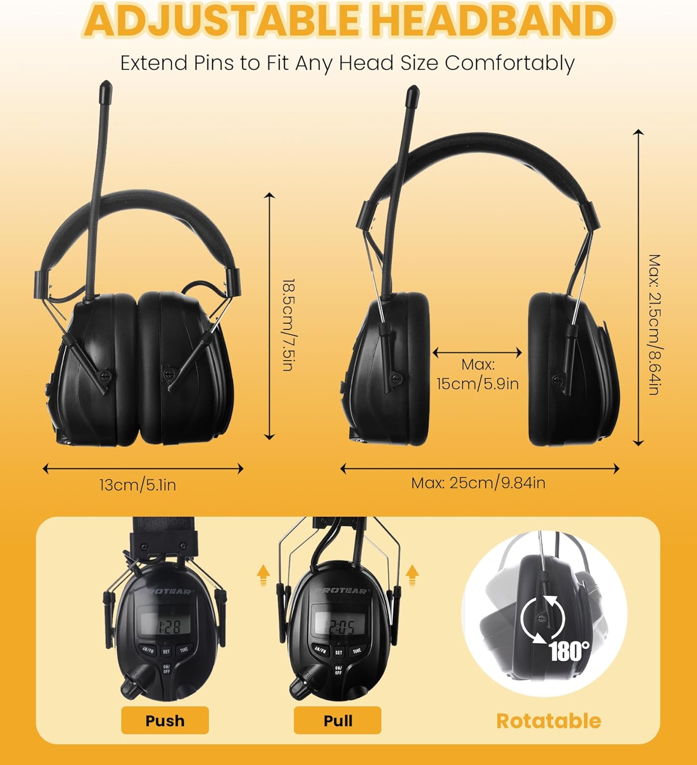 Infographic detailing AM/FM radio features including frequency ranges, stereo sound, and built-in microphone.