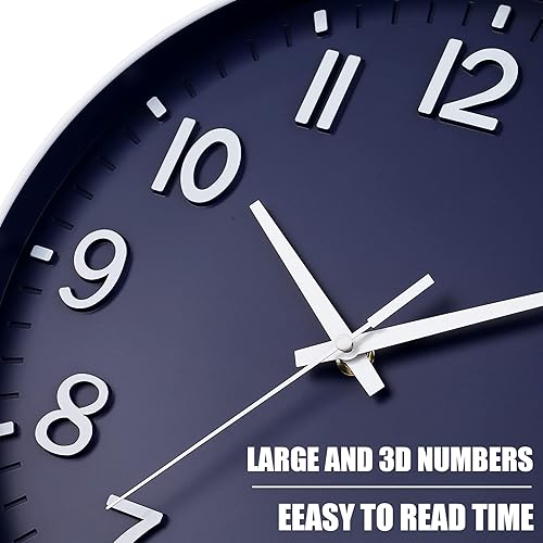 Miniatura 5 de HZDHCLH Reloj de pared azul marino, funciona con pilas, 12 pulgadas, silencioso, sin tictac, moderno, para sala de estar, dormitorio, cocina,