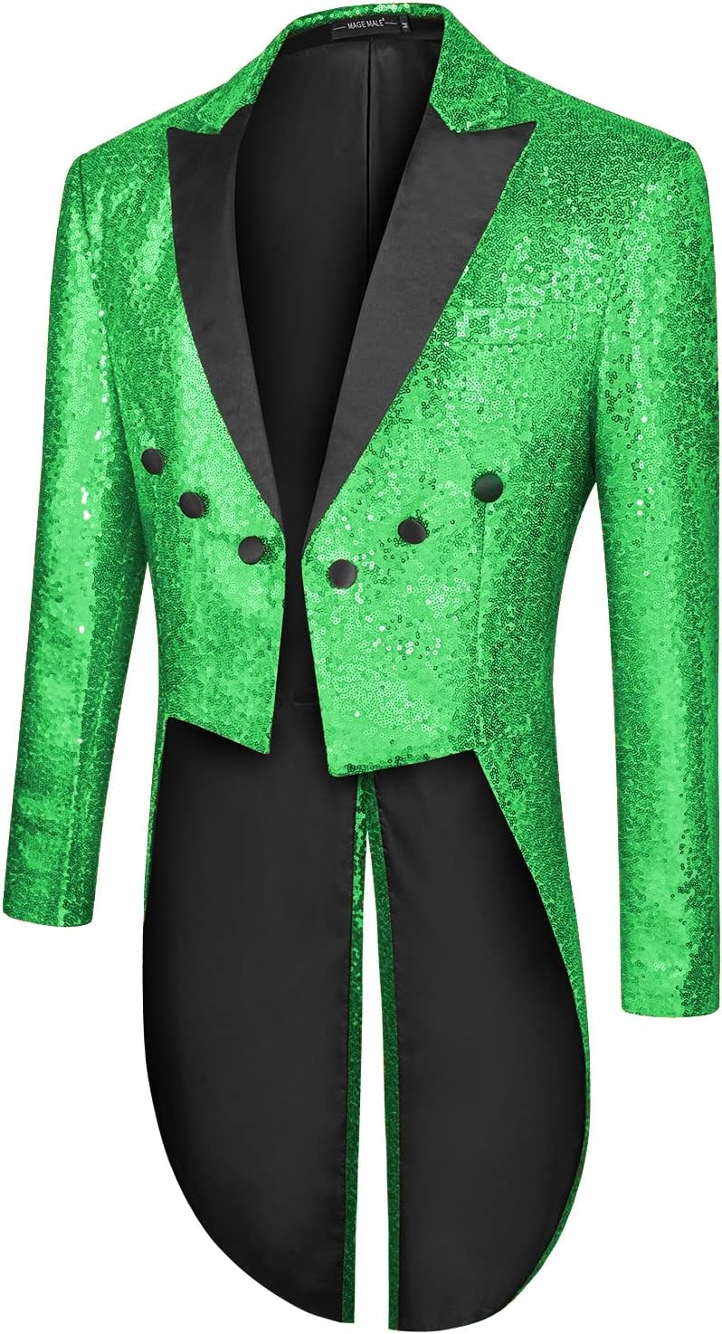 MAGE MALE Mens Sequin Tuxedo Jacket Tails Slim Fit Tailcoat Dress Coat Swallowtail Dinner Party Wedding Blazer Suit Jacket