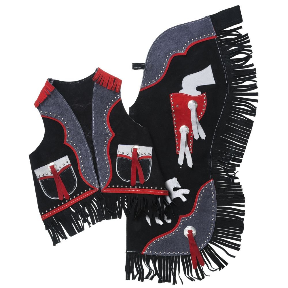 Tough1 Rearing Horse & Pistols Premium Youth Chap and Vest Set Black Small