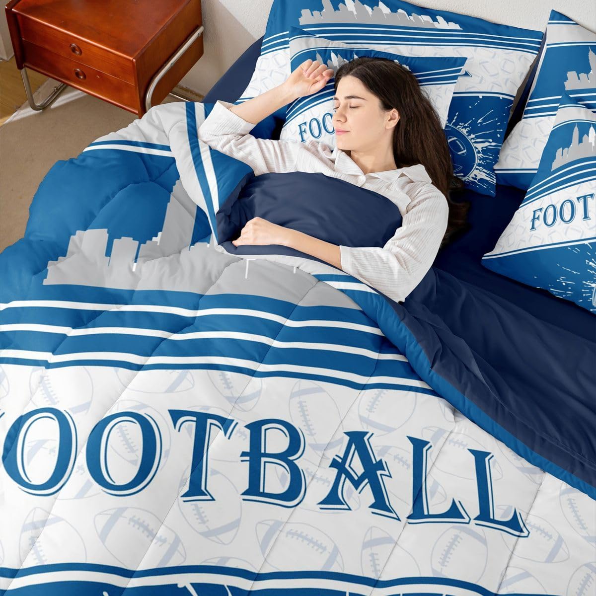 Feelyou Rugby Sports 7 Pieces Comforter Sets Queen Size Football Bedding Set for All Season Football City Bed in a Bag with Comforter, Sheets, Pillowcases & Cushion Cover
