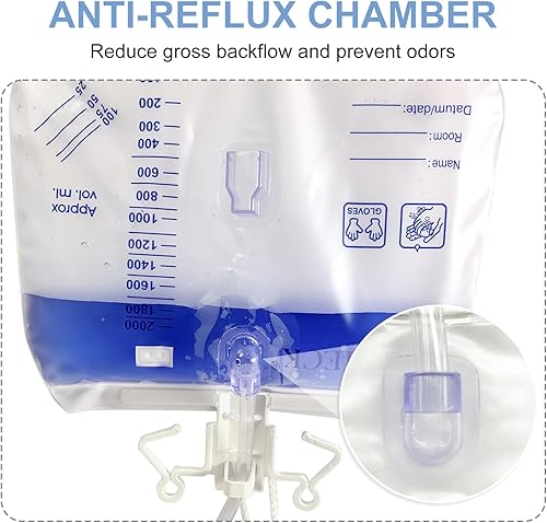 Miniatura 3 de Paquete de 5 bolsas de drenaje urinario con cámara antirreflujo, bolsas de orina de 67.6 fl oz con drenaje de tubo de 48 pulgadas, boquilla de
