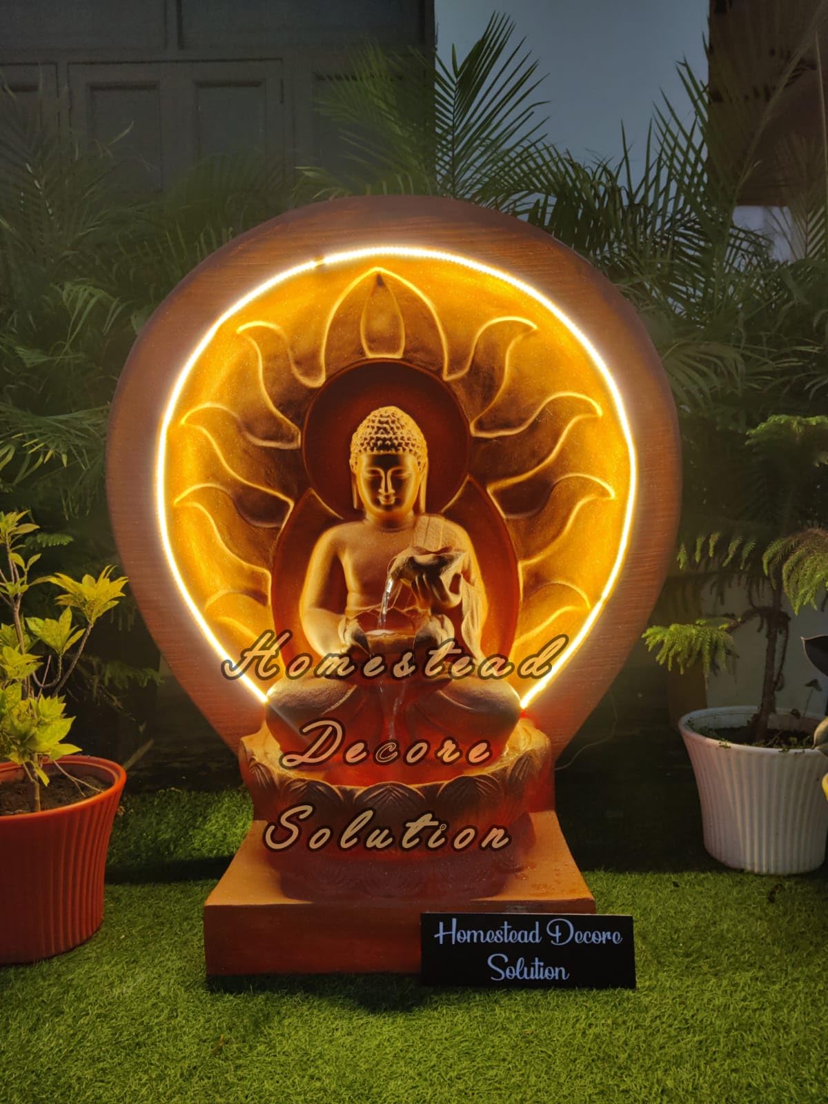 Homestead Decore Solution Modern Wall Art Buddha Water Fountain with LED Light Big Size 4.6 Feet, Decorative Home Decor Living Room Office Garden, Neon Sign Style Illuminated Terracotta Fiber-image-23