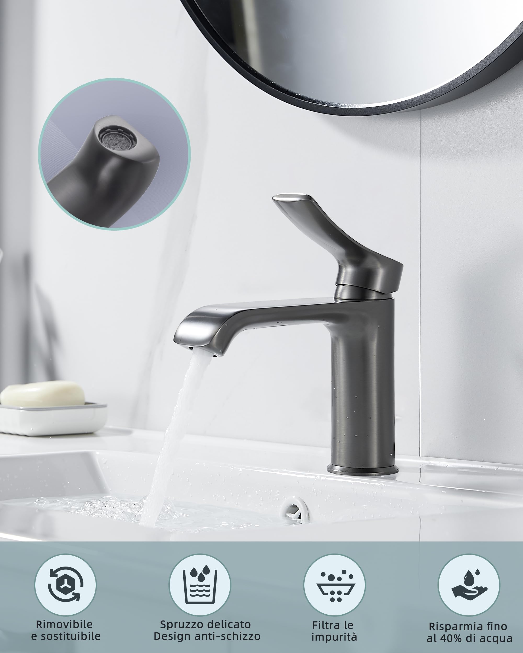 BELZ Rubinetto Monocomando per Lavabo di Bagno, Materiale Ottone Solido con Beccuccio 87mm, Senza Perdite e Risparmio Acqua, Adatto per Bagni e Servizi Igienici Ospitali, Colore Grigio